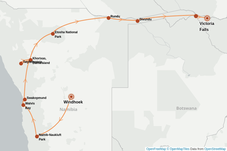Itinerary Map image for Namibia & Botswana: Safari & Victoriafälle erleben