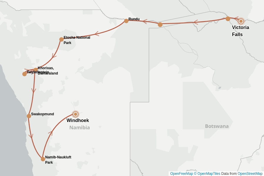 Itinerary Map image for Victoriafälle bis Namibia: Safari & Wüste erleben