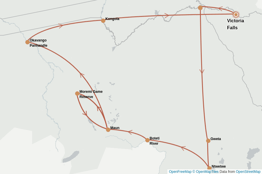 Itinerary Map image for Botswana intensiv: Safari, Fluss & Salzpfannen