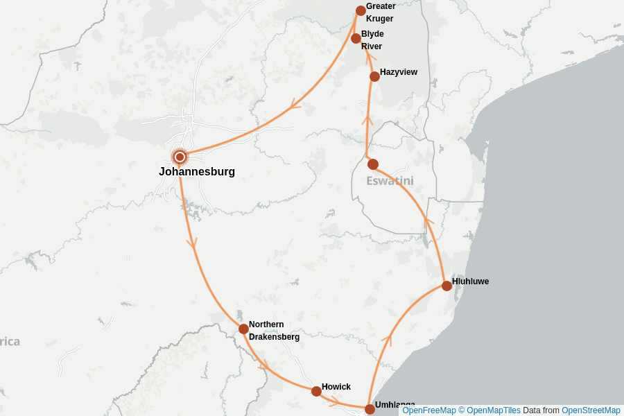 Itinerary Map image for Südafrika & eSwatini: Safari & Abenteuer erleben