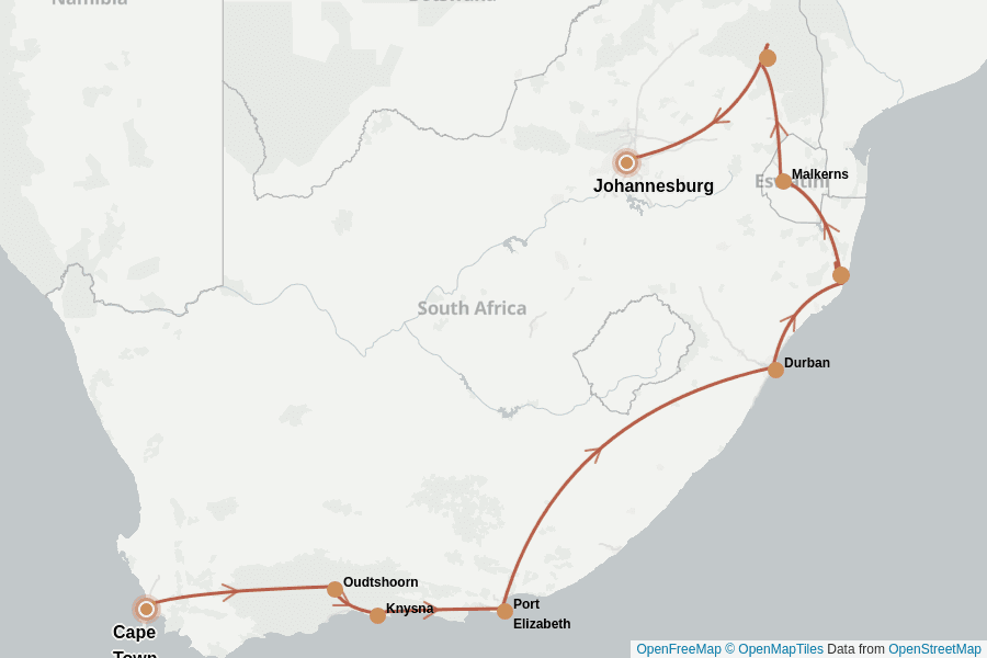 Itinerary Map image for Südafrika kompakt: Kapstadt & Safari