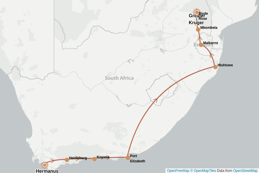 Itinerary Map image for Südafrika Selbstfahrer: Kapstadt & Kruger