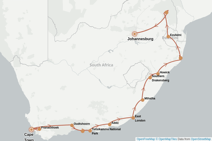 Itinerary Map image for Südafrika: Kapstadt, Kruger & Garden Route