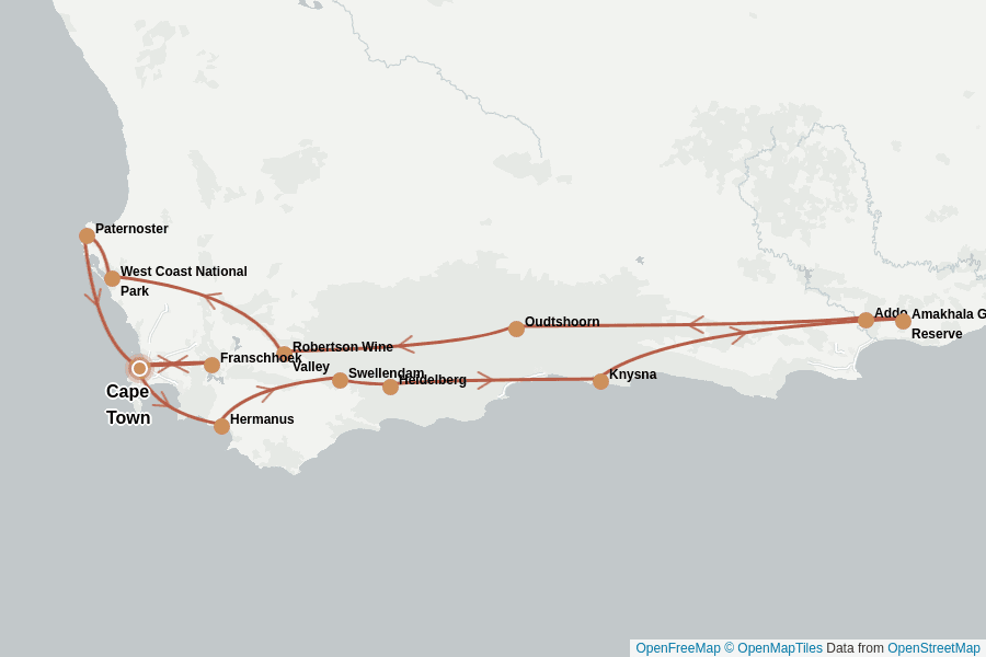 Itinerary Map image for Kapstadt & Garden Route: Safari, Wein & Küste
