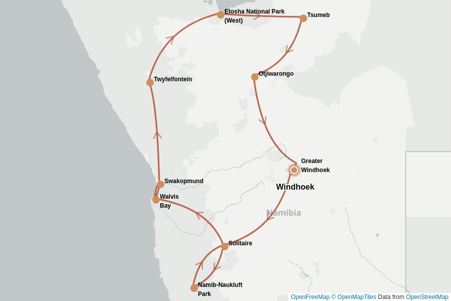 Itinerary Map image for Namibia intensiv: Von Dünen bis Etosha