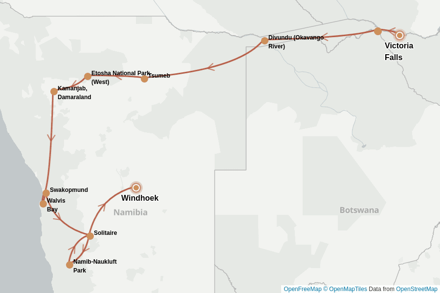 Itinerary Map image for Victoriafälle bis Namibia: Safari & Wüste erleben
