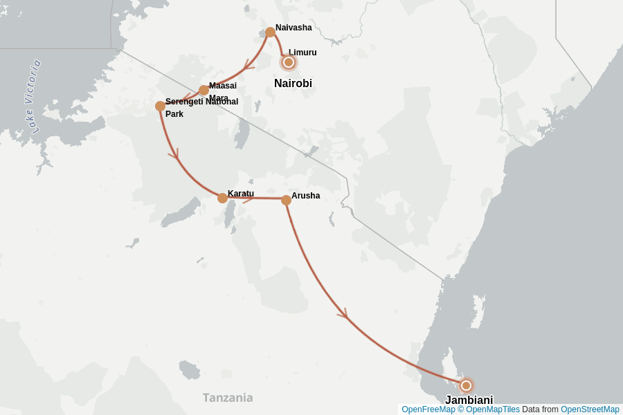 Itinerary Map image for Kenia & Tansania: Safari & Sansibar erleben