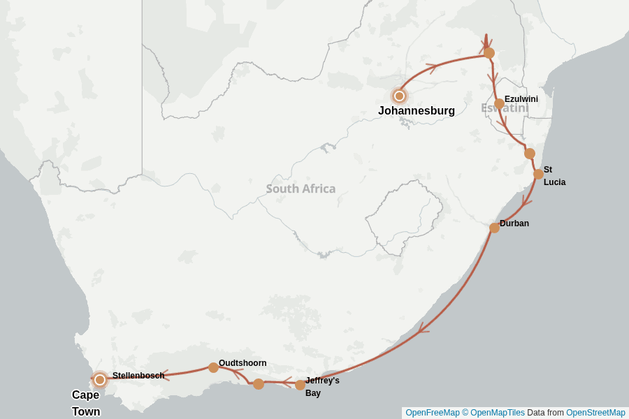 Itinerary Map image for Südafrika: Kapstadt, Kruger & Garden Route