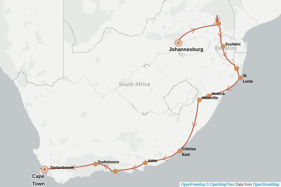 Itinerary Map image for Südafrika: Kapstadt, Kruger & Garden Route